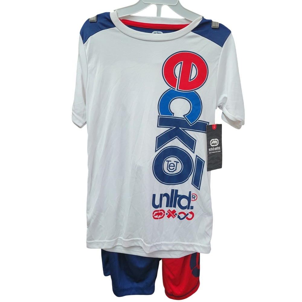 Ecko Unltd Boys 2 Piece Activewear Set White Blue Red Graphic Logo Size 8 NWT